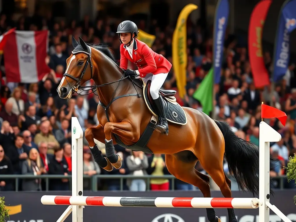 A dynamic image of riders competing in a show jumping event, showcasing skill, agility, and the thrill of equestrian competition.