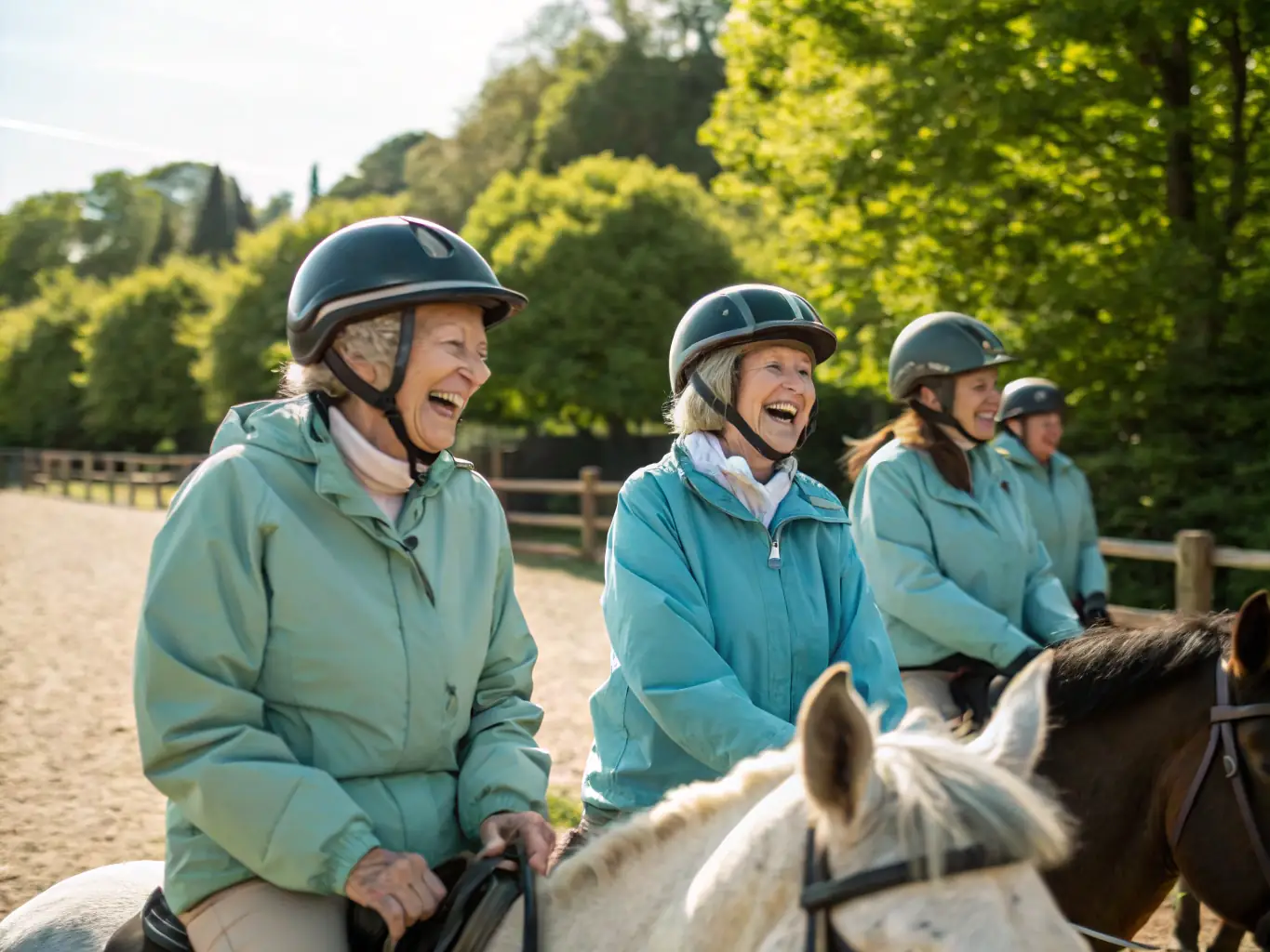 A diverse group of riders participating in a therapeutic riding session, demonstrating the association's commitment to inclusive equestrian practices.