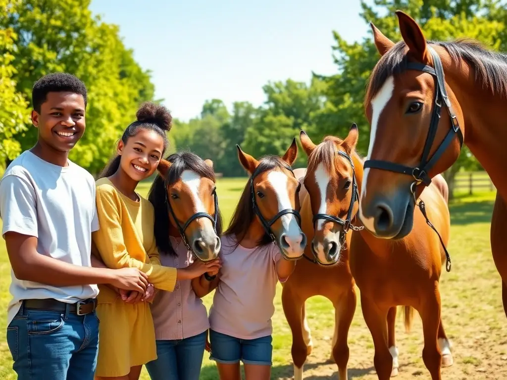 A heartwarming image of volunteers assisting with horse care during an OH GAL' EAUX community outreach program, emphasizing the organization's commitment to animal welfare.