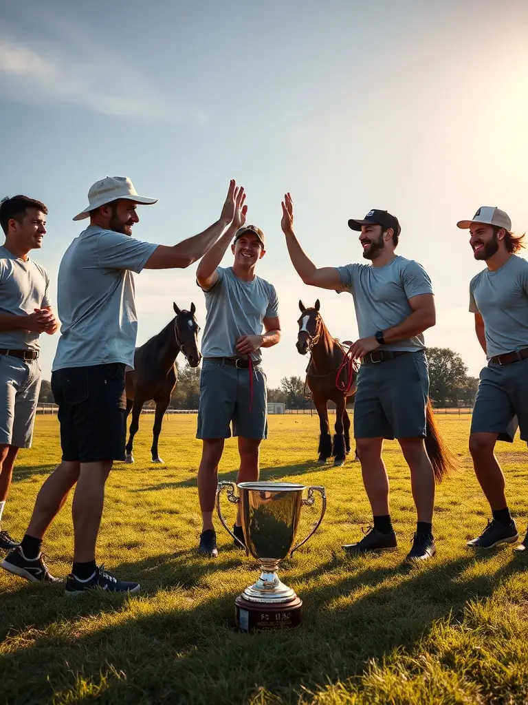A group of riders and their horses participating in a friendly competition at OH GAL' EAUX, demonstrating sportsmanship and community spirit.