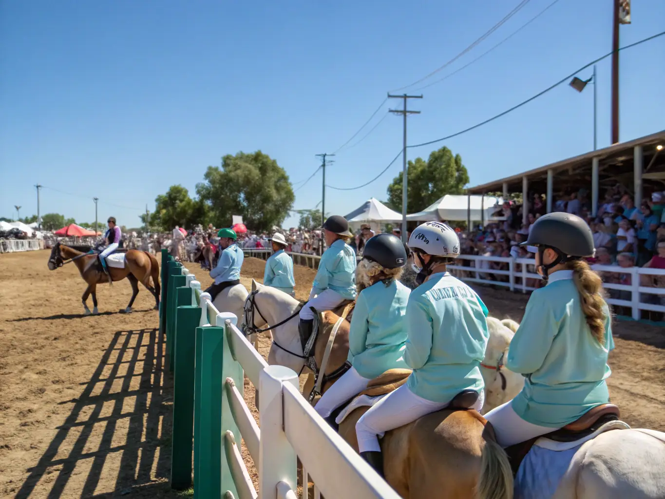 A vibrant scene of volunteers and participants at a community equestrian event, highlighting the spirit of collaboration and shared passion for horses.