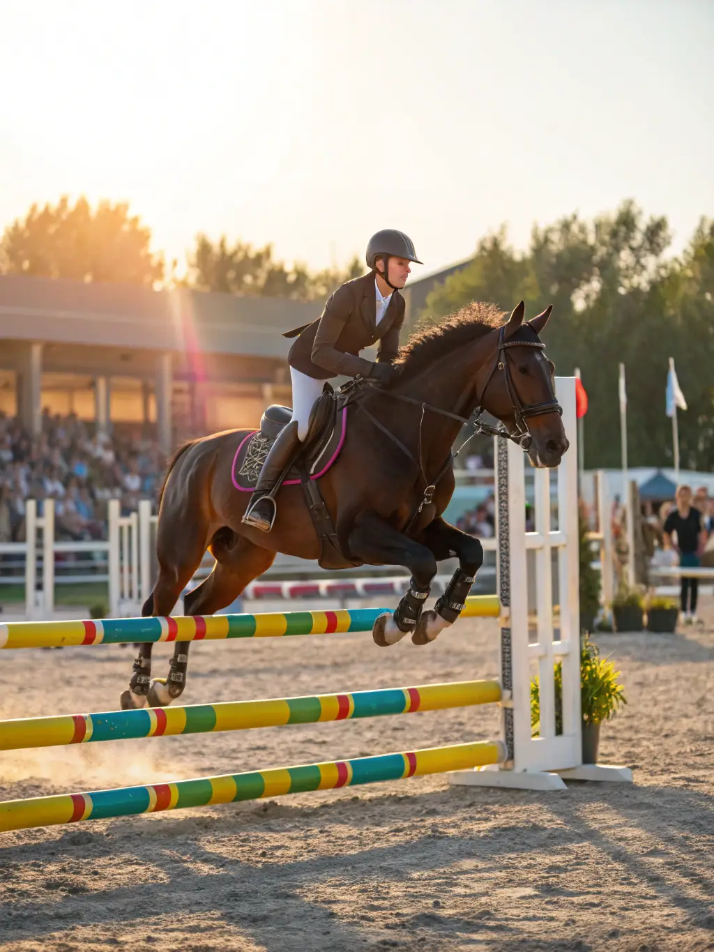 A young rider in full equestrian gear confidently guiding their horse through a series of jumps during a training session at OH GAL' EAUX, showcasing skill development.