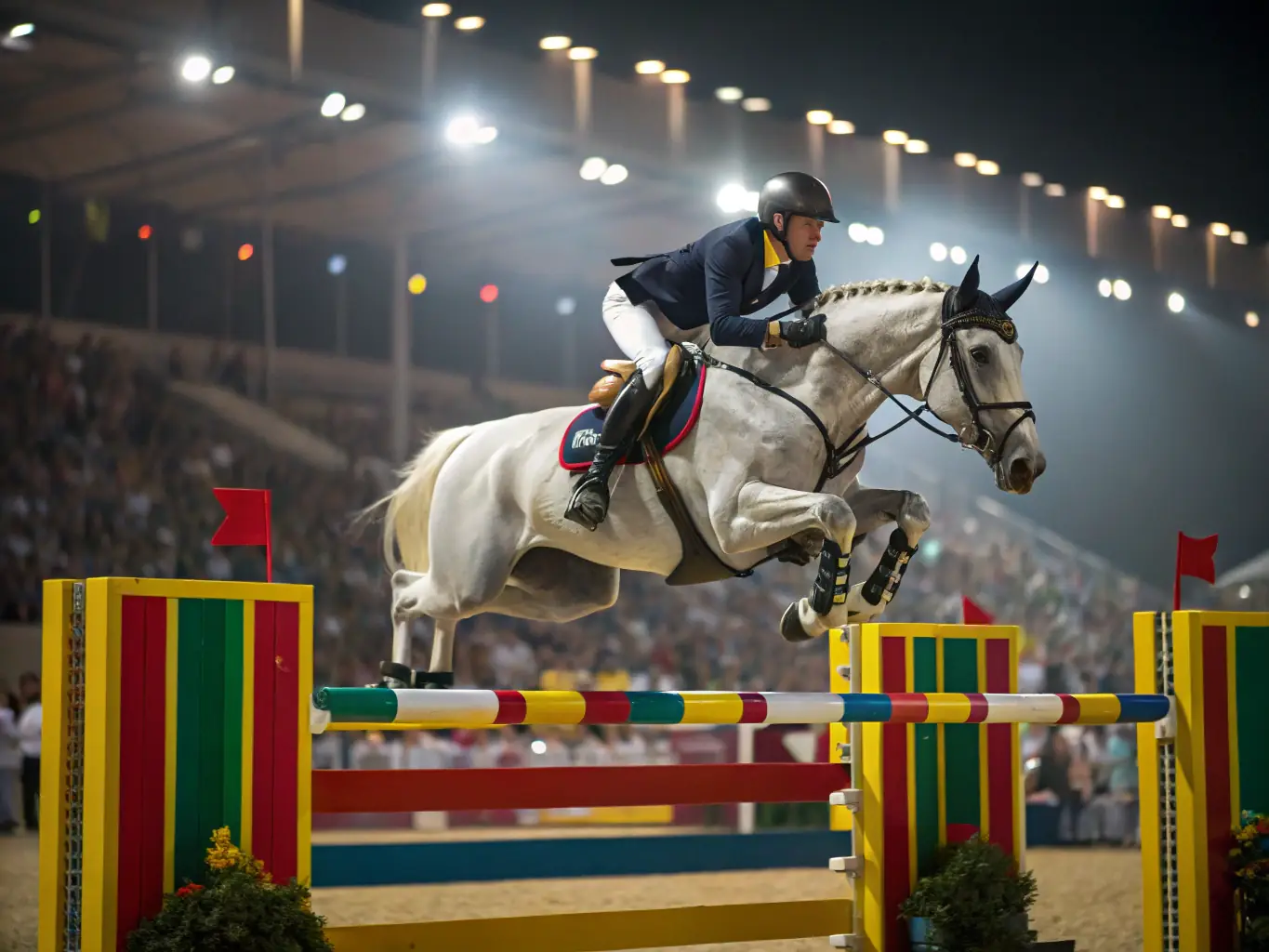 An image capturing the excitement of a show jumping competition organized by OH GAL' EAUX, highlighting the skill and agility of both horse and rider.
