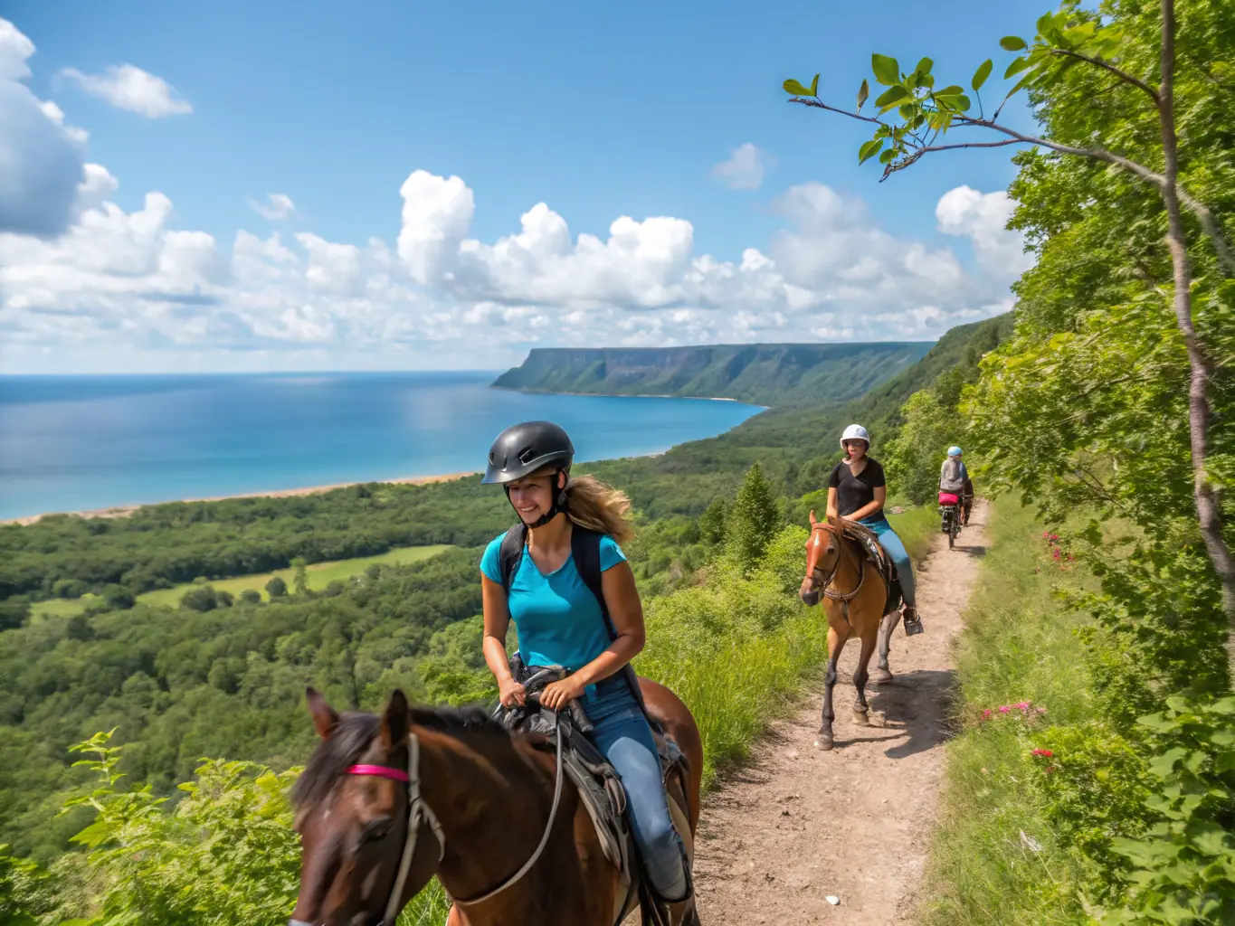 A group of riders participating in a trail riding excursion through a scenic forest, showcasing the association's commitment to outdoor equestrian activities and exploration.
